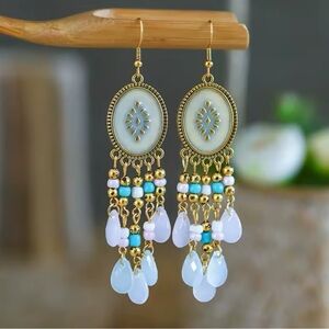 Elegant Gold and Blue Beaded Earrings